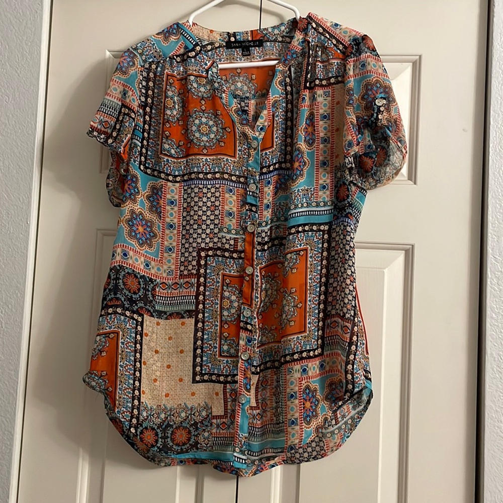 Sara Michelle Patchwork Boho Sheer Button Front Blouse. Women’s Size L